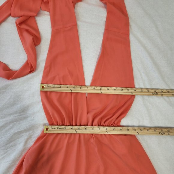 V-Neckline Long Prom Dress by Studio F Size 8 Coral Color 85% Poly. Worn Once! - Picture 11 of 16